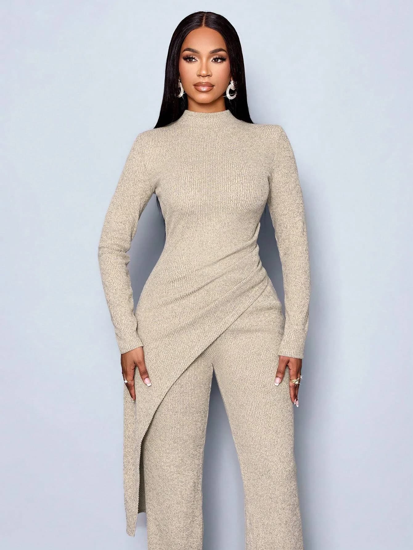 Set di t-shirt e pantaloni asimmetrici eleganti a collo alto autunno/inverno da donna