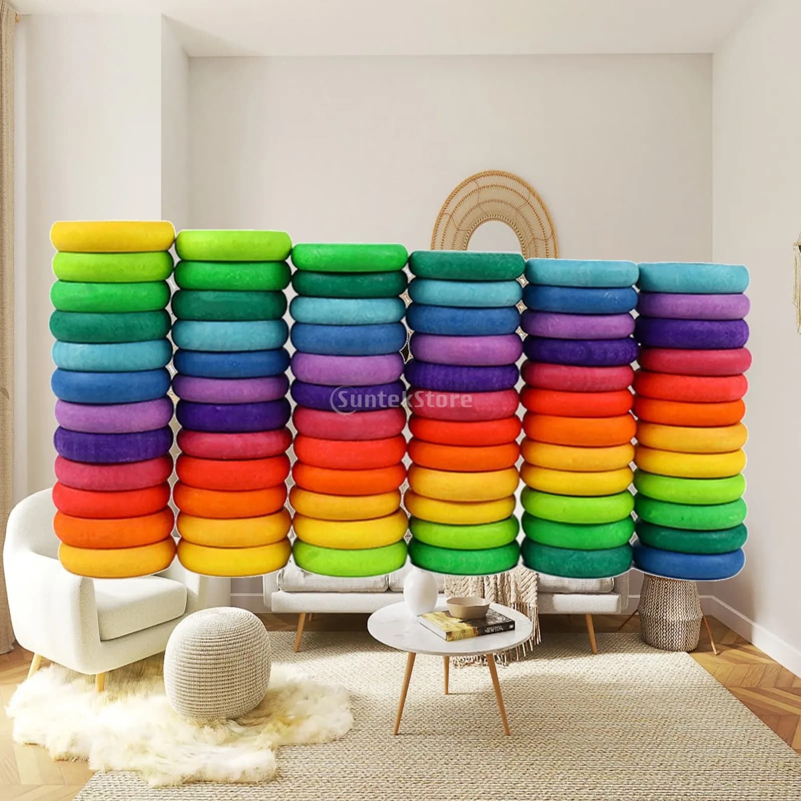 72 PCS Rainbow Wood Round Blocks Stacking Counting Assort Colors Stacker Toy