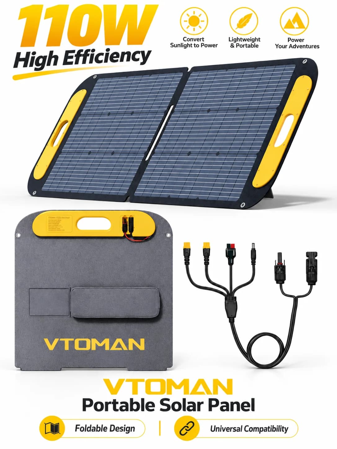 VTOMAN 110W 19V Upgraded Portable Solar Panel, Foldable Solar Charger, 25% High Conversion Efficiency, IP67 Waterproof Solar Panel Kit for Portable Power Station, Outdoor Camping, RV, Off-Grid Travel