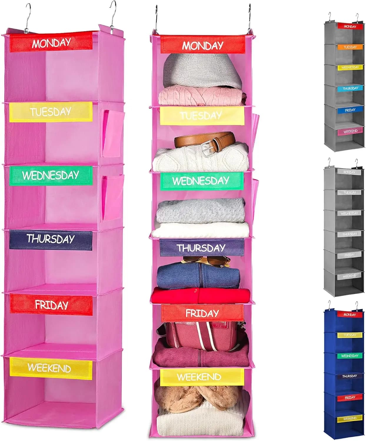 Organizer for Children Dresses with 6 shelves, Labels Days of the Week, Pink - Easy to Hang For Laundry