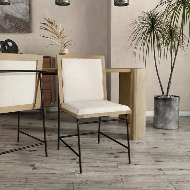 Contemporary 2PC Dining Side Chair with Upholstered Seat and Back, Metal Legs, Oak and Beige Finish
