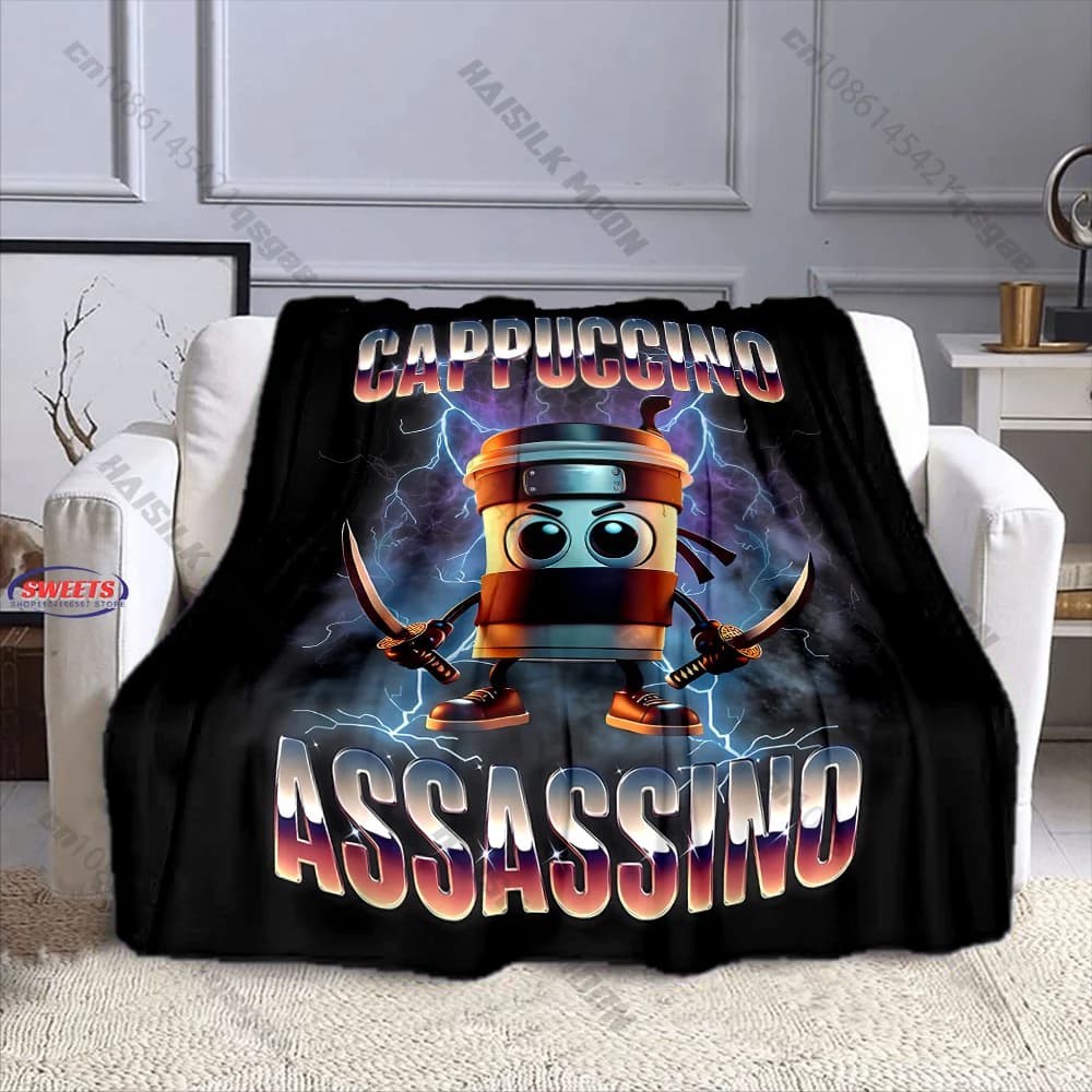 3D HD Funny Cappuccino Assassino Ninja Coffee Cup Throw Blanket Soft Flannel Cozy Blanket for Couch Bed Sofa