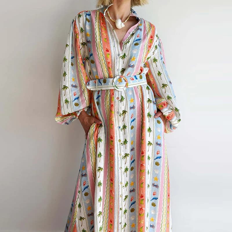 Abito casual monopetto a maniche lunghe da vacanza Abito boho con tasca con stampa floreale alla moda Abito plissettato con cintura con scollo a V primavera estate