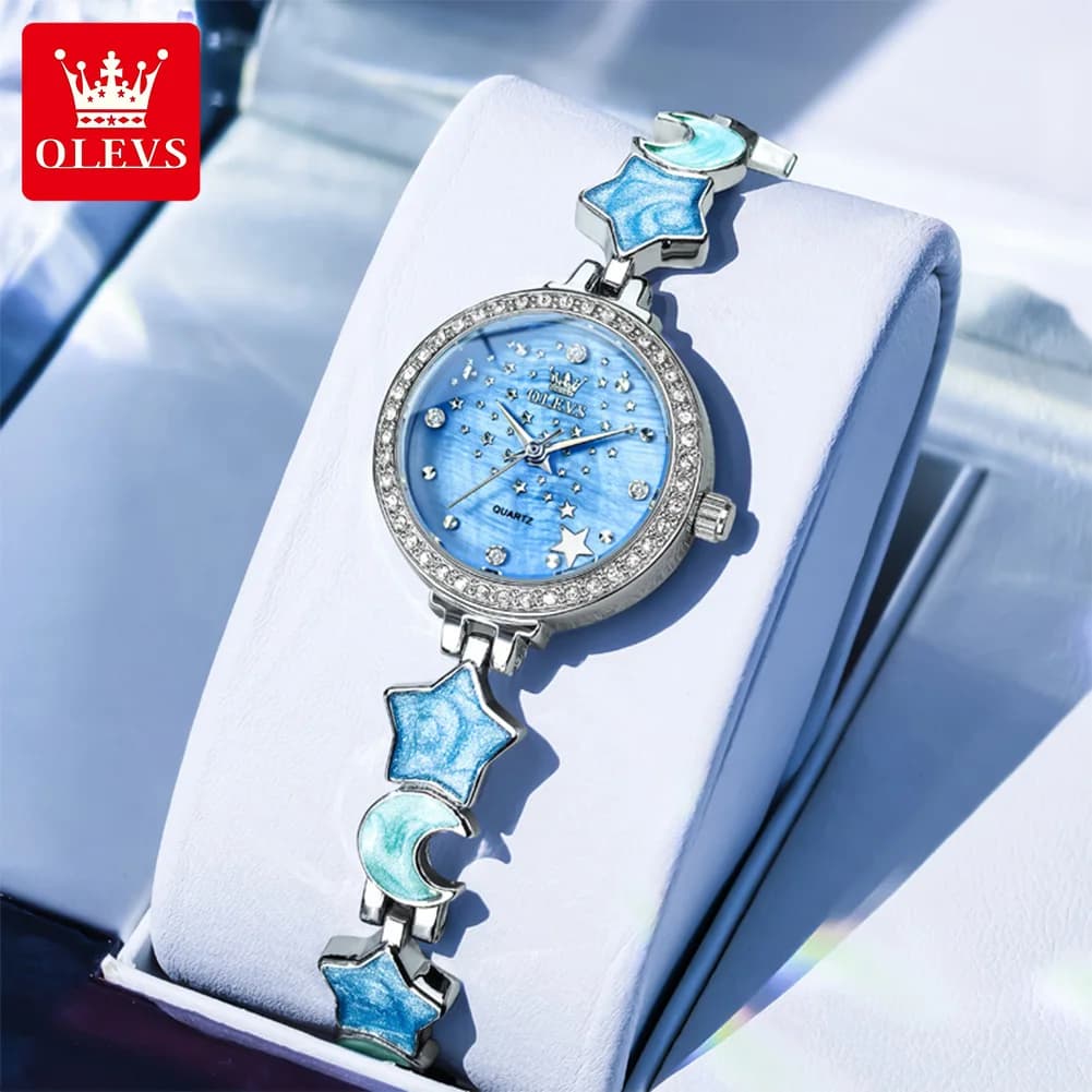 OLEVS Original Quartz Women's Watches Trendy Star Moon Diamond Dial Elegant Ladies Bracelet Wristwatches Luxury Woman Watch 5665