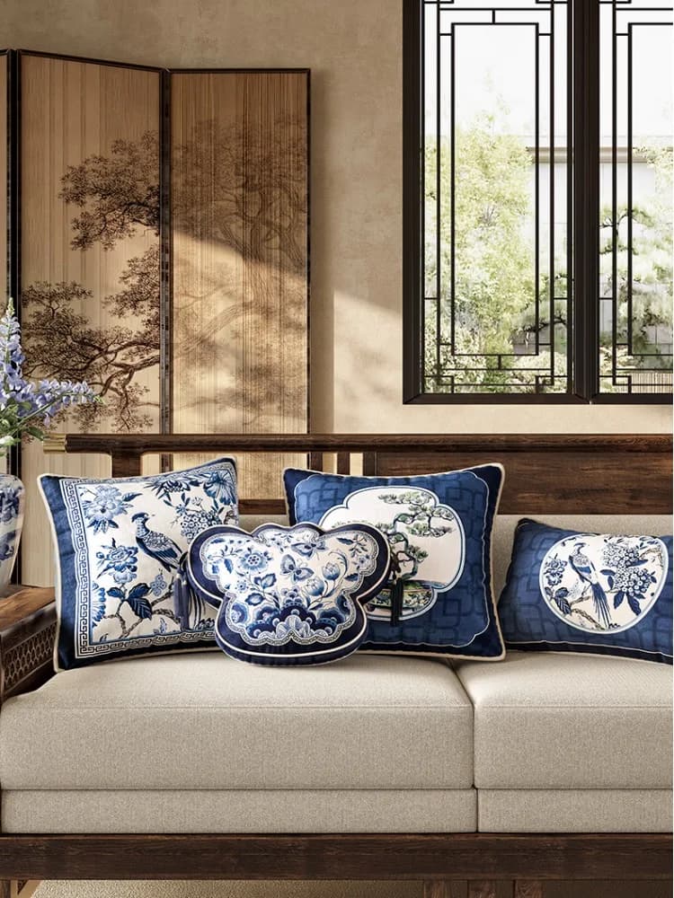 Chinese blue and white china cushion cover with butterfly floral print, pumpkin-shaped pillow, artistic pillows for living room, sofa, home decorations