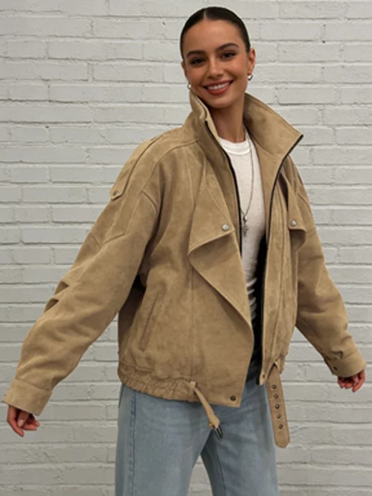 Giacca corta in pelle scamosciata con risvolto kaki Donna Casual Colletto alla coreana Manica intera Tasca con cerniera Giacche larghe 2026 Cappotto da strada per pendolari da donna