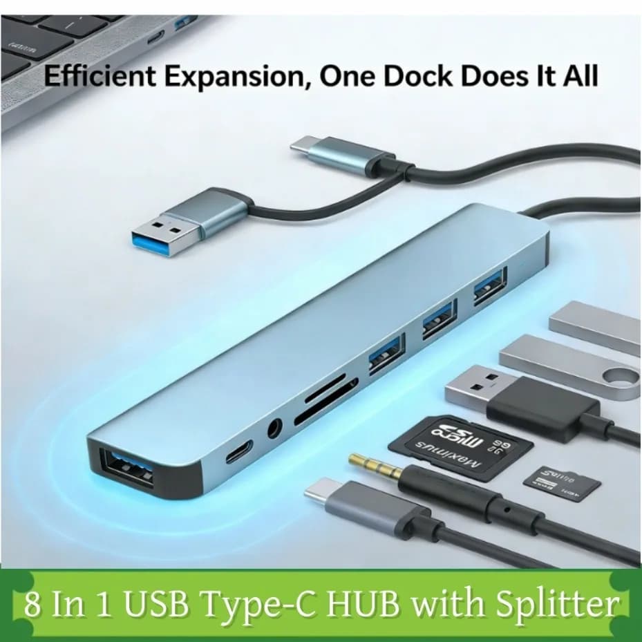 Hub USB Type-C 8 in 1 con splitter, lettore di schede USB 3.0, USB 2.0, lettore di schede SD/TF, docking station per HUAWEI, Xiaomi, PC