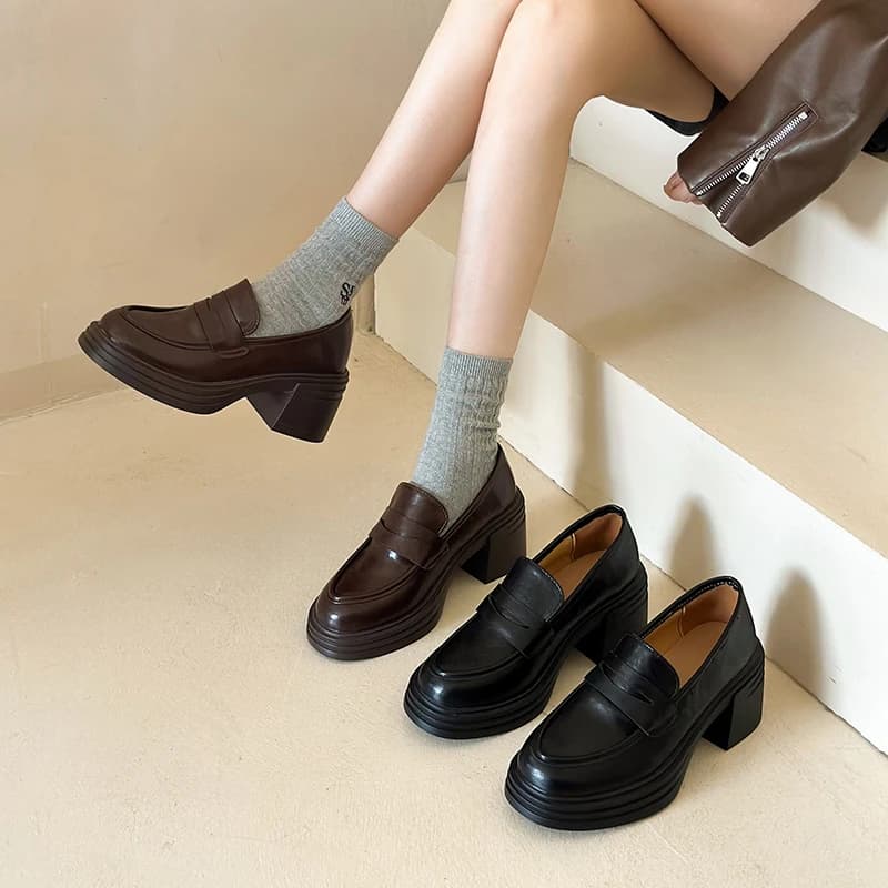 Round Toe High Heel Flat Shoes Comfortable Casual Thick Bottom Women's Footwear Autumn Winter New Style Leather Loafers