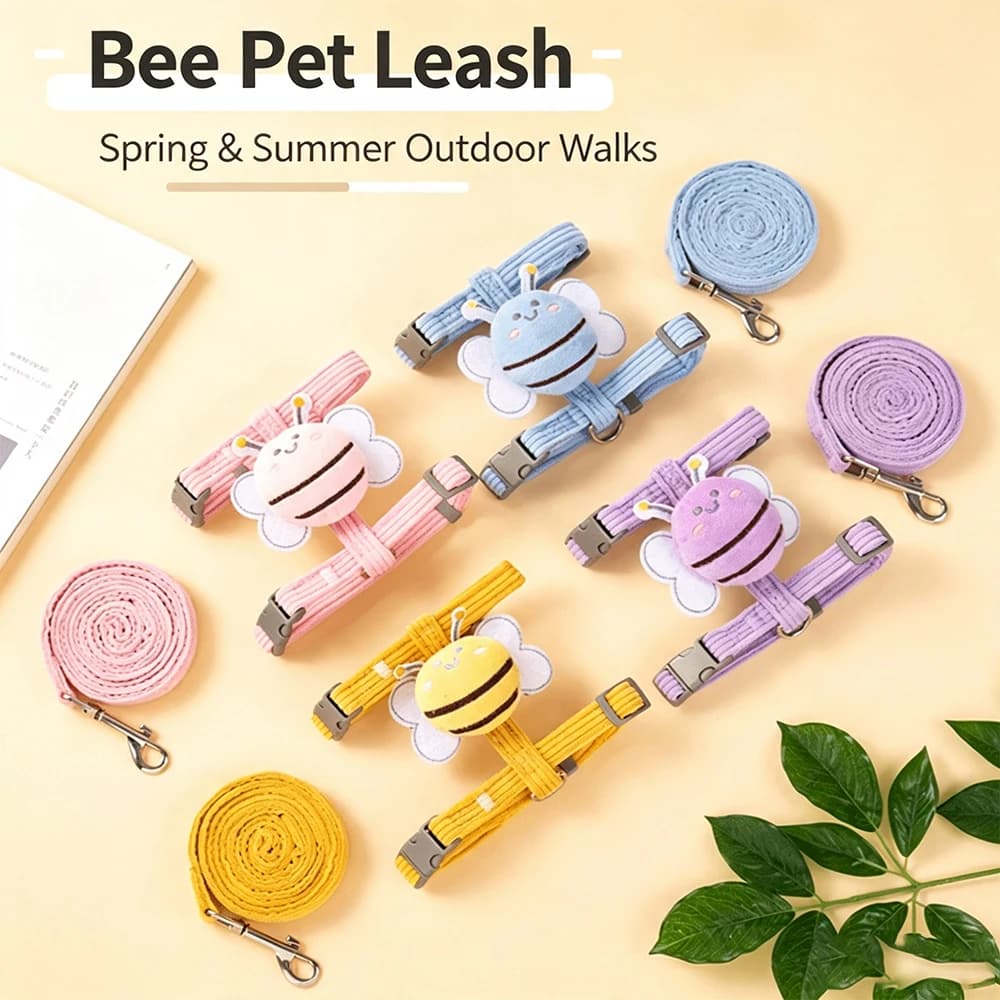 Cute Bee Pet Harness Leash Set Adjustable Soft Corduroy Cat Dog Harness Vest 120cm Lead For Small Dogs Kitten Walking
