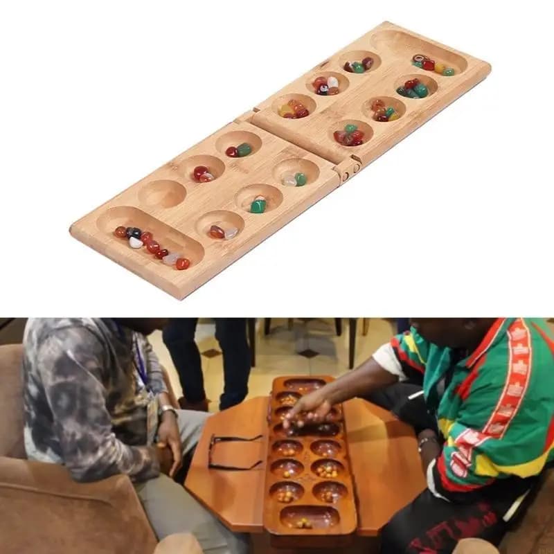 Africa Mancala Gioco da tavolo con pietre naturali colorate Ciottoli Set scacchi pieghevoli in legno per bambini Puzzle da