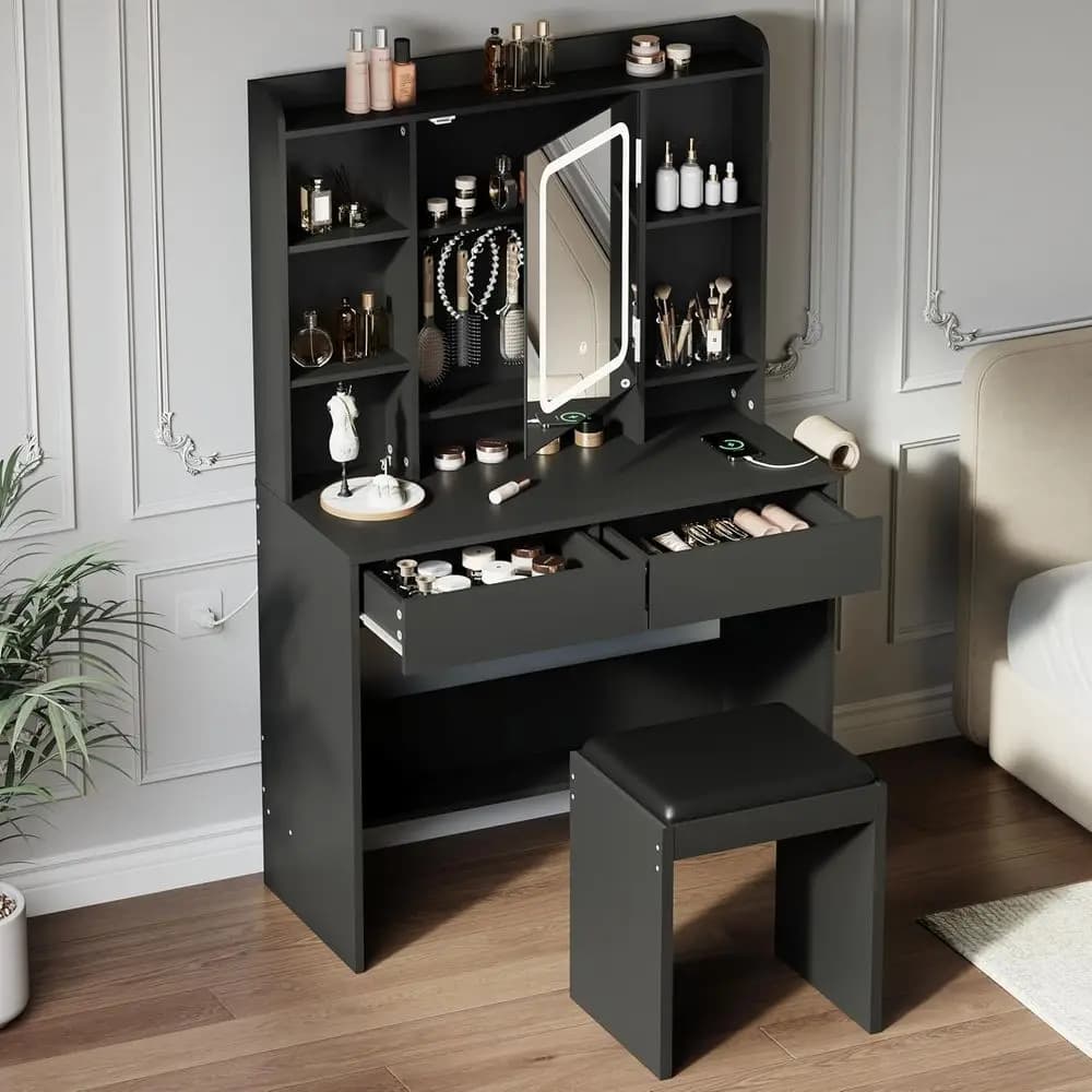 Toeletta con Specchio Illuminato a LED, Sgabello Imbottito, Cassetti Portaoggetti, Porte USB, Supporto per Asciugacapelli, Illuminazione Regolabile