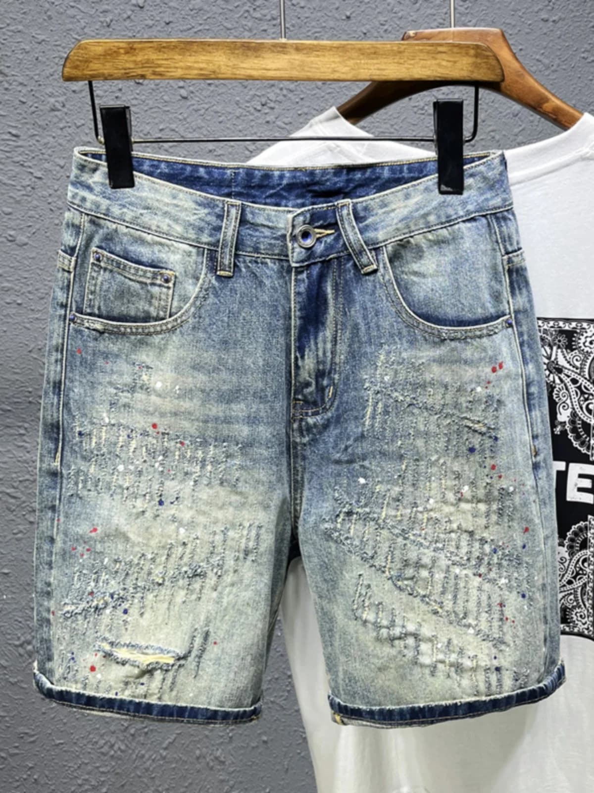 American High Street Sle Men's ort Jeans Summer Thin Loose Straight Stitched Hole Youth Casual Wear mid Waist Five-Quarter