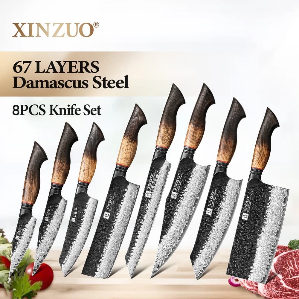 XINZUO Set di coltelli da cucina da otto pezzi 67 strati Damasco Super durezza acciaio 60±2HRC Ideale per la preparazione di verdure della cucina domestica