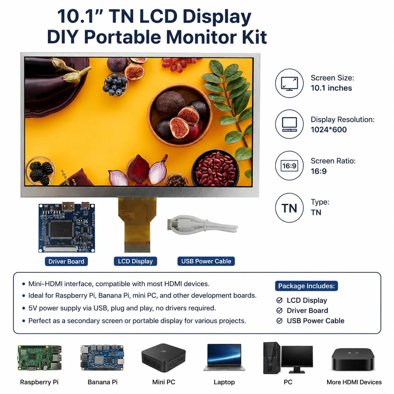 10.1 inch 1024*600 compatible HDMI LCD display card for mini computer Raspberry Pi Banana/Orange Pi