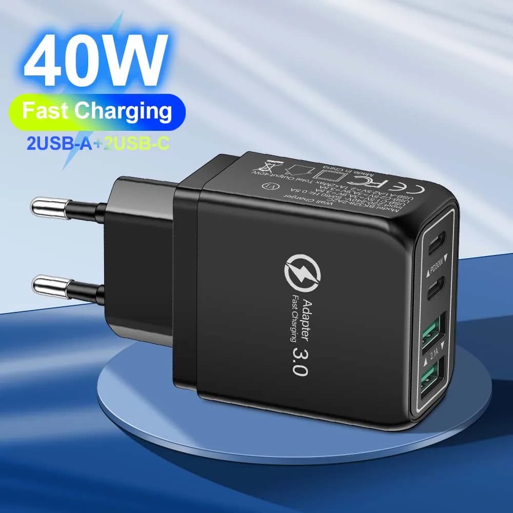 Adattatore di alimentazione per caricabatterie per telefono USB C da 40 W Adattatore per telefono cellulare Caricatore rapido 3.0 per iPhone Samsung Xiaomi Spina UE/USA/Regno Unito Carica a muro