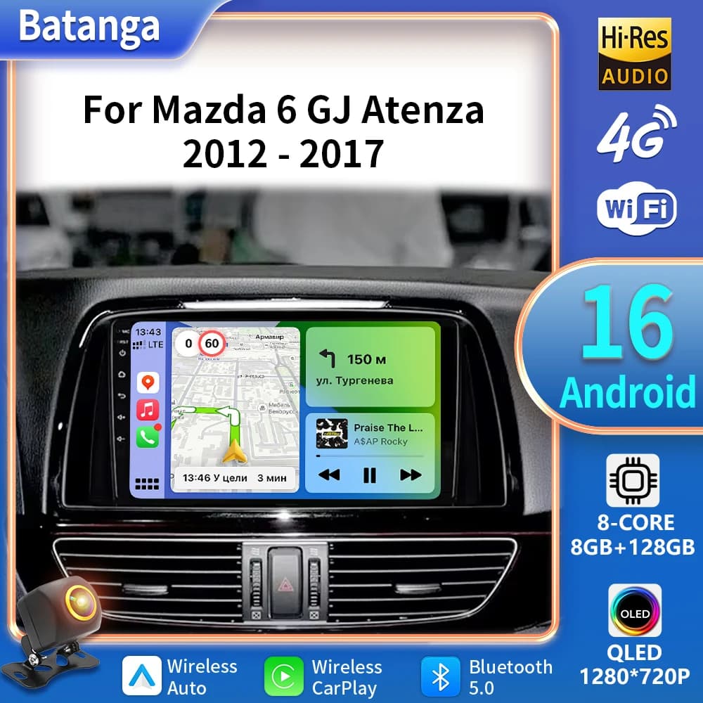 Android 16 For Mazda 6 GJ Atenza 2012 2013 2014 2015 2016 2017 Carplay Auto Car Qualcomm Multimedia Car Radio Video Player GPS