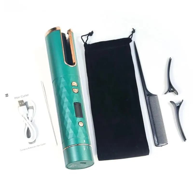 ABUH-Piega Automatic Wireless Hair with LCD Display, Wireless Rotating Hair Clip Tool, Green