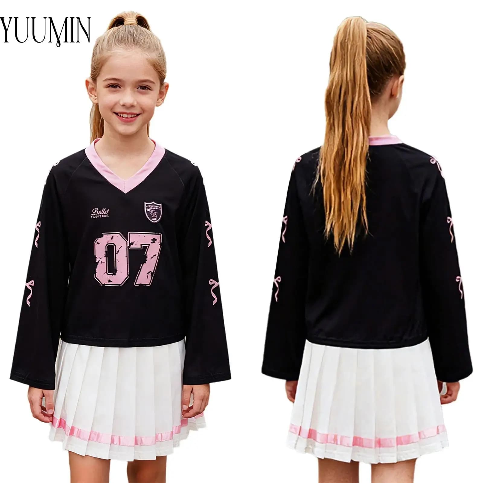 Sporty suit for Girls, Long sleeve T-shirt with Contrast and Plissettata skirt for Tennis, Volleyball, Badminton and Yoga