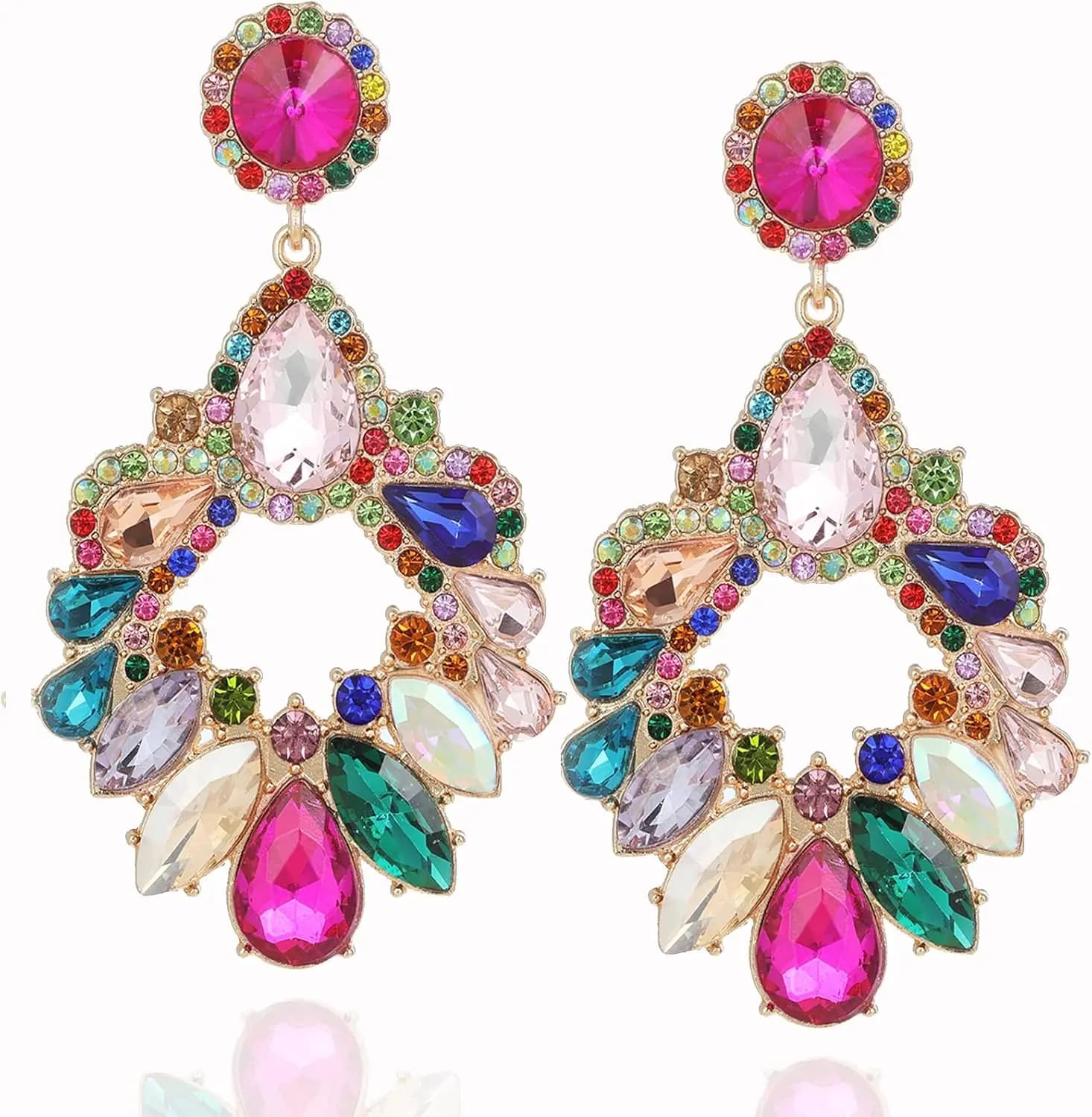 Fashion Rhinestone Statement Drop Dangle Earrings Large Colorful Crystal Chandelier Earrings for Women Bridal Wedding Party Prom