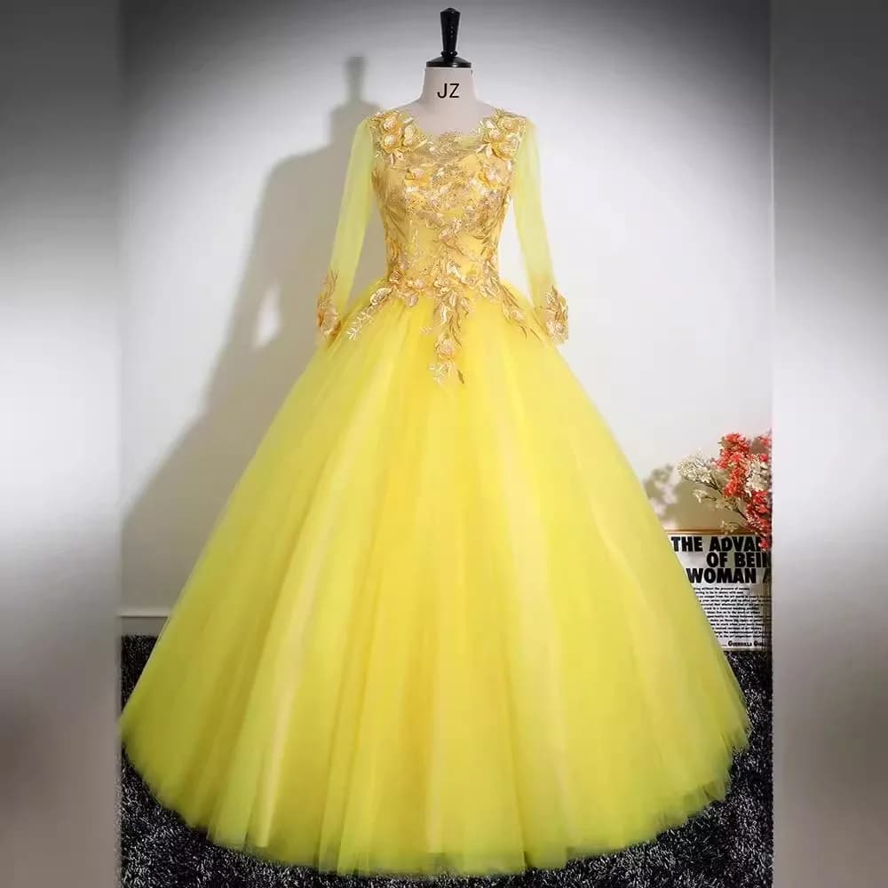 Abito da ballo giallo personalizzato Abiti da sera da donna Appliques Tulle Manica lunga Prom Abiti da festa di compleanno Vestido De Noche