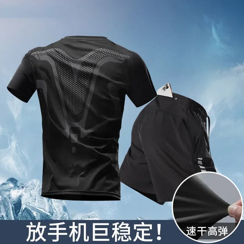 Completo da Corsa Estivo da Uomo in Seta Ghiacciata con Tasca Porta Telefono - T-shirt ad Asciugatura Rapida e Pantaloncini da Maratona per Palestra e Fitness