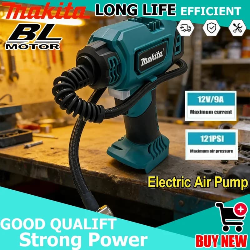 Compressore d'aria portatile Makita automatico senza fili, pompa elettrica per pneumatici auto/camion, compatibile con batterie da 18V.