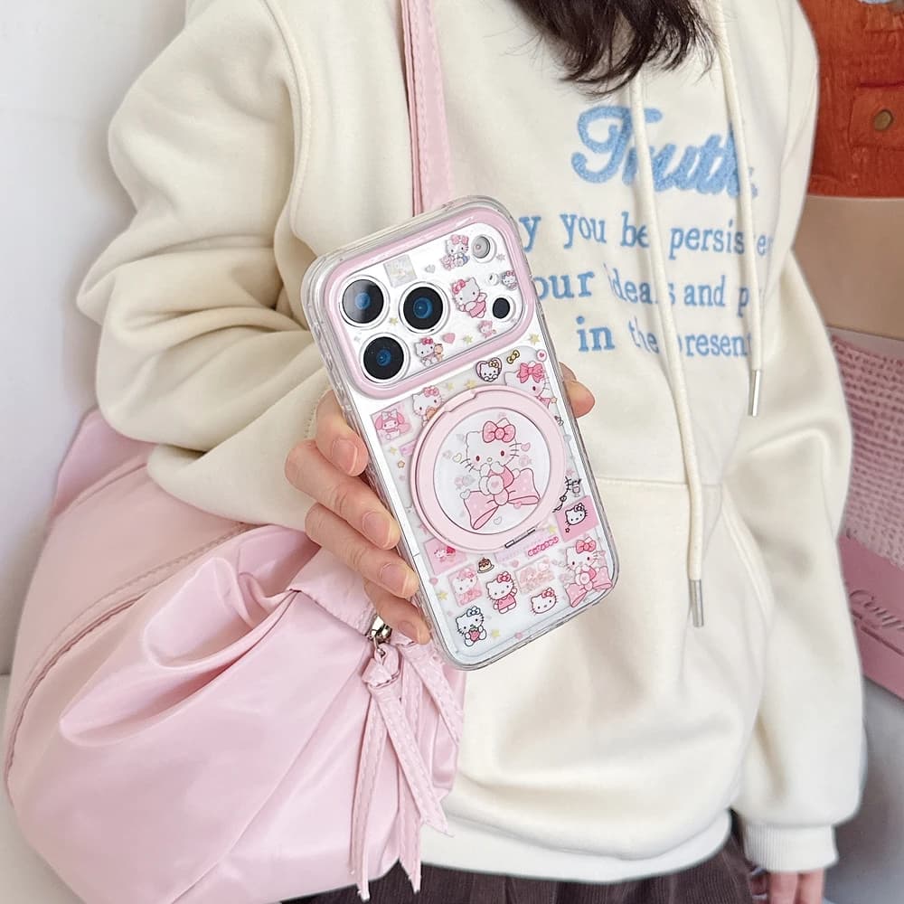 Nice Carton Sanrio Hello Kitty 360 ° Phone Case with swivel holder and ring for iPhone 17 16 15 14 Pro Max