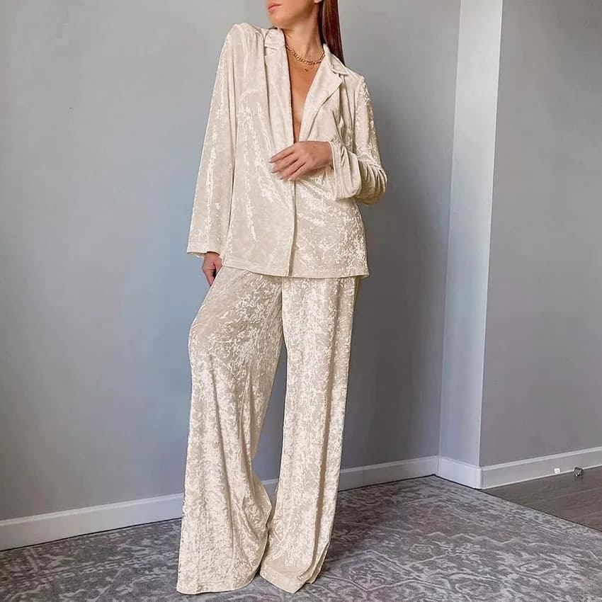 Completo da Donna 2 Pezzi in Velluto Effetto Stropicciato: Blazer a Maniche Lunghe e Pantaloni a Gamba Larga, Colletto a Risvolto, Abbigliamento da Notte e Loungewear, Grigio Crema