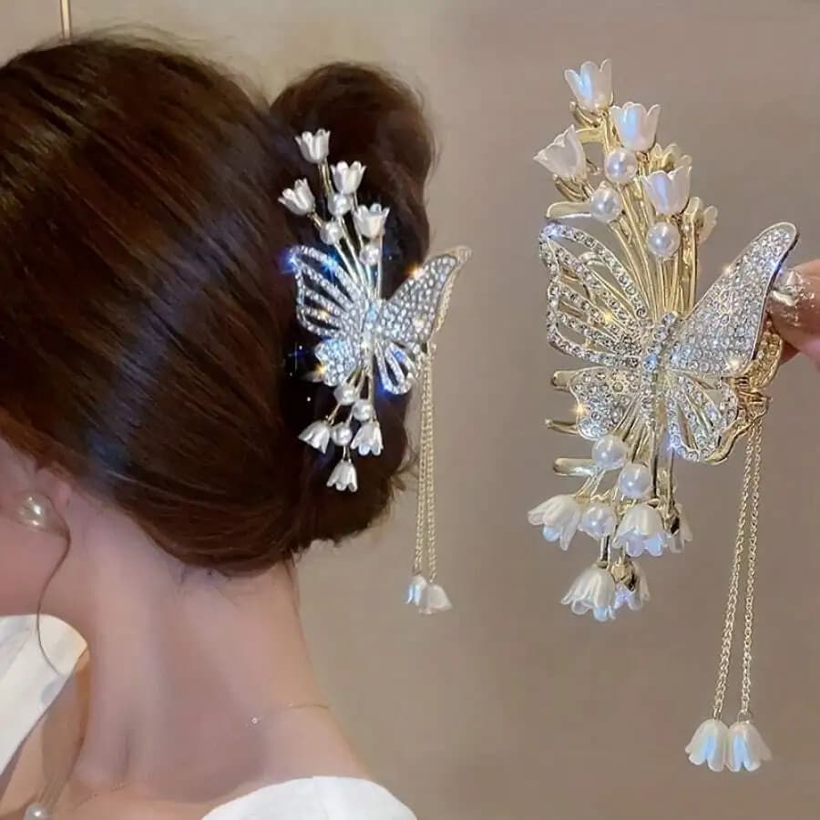1pc Elegante fermaglio per capelli con fiore e farfalla, strass e perle finte, accessorio per capelli da ragazza in lega di zinco, regalo ideale, decorazione per capelli da donna, autunno, viaggio, strumento per acconciature, accessori da donna, fermaglio per capelli, autunno, accessorio per capelli da donna, strumento per acconciature