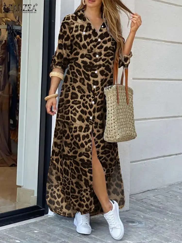 ZANZEA Party Vintage Leopard Robe Woman 2025 Autumn Casual Long Sleeve Maxi Long Dresses Fashion Dress Oversize Summer Dress