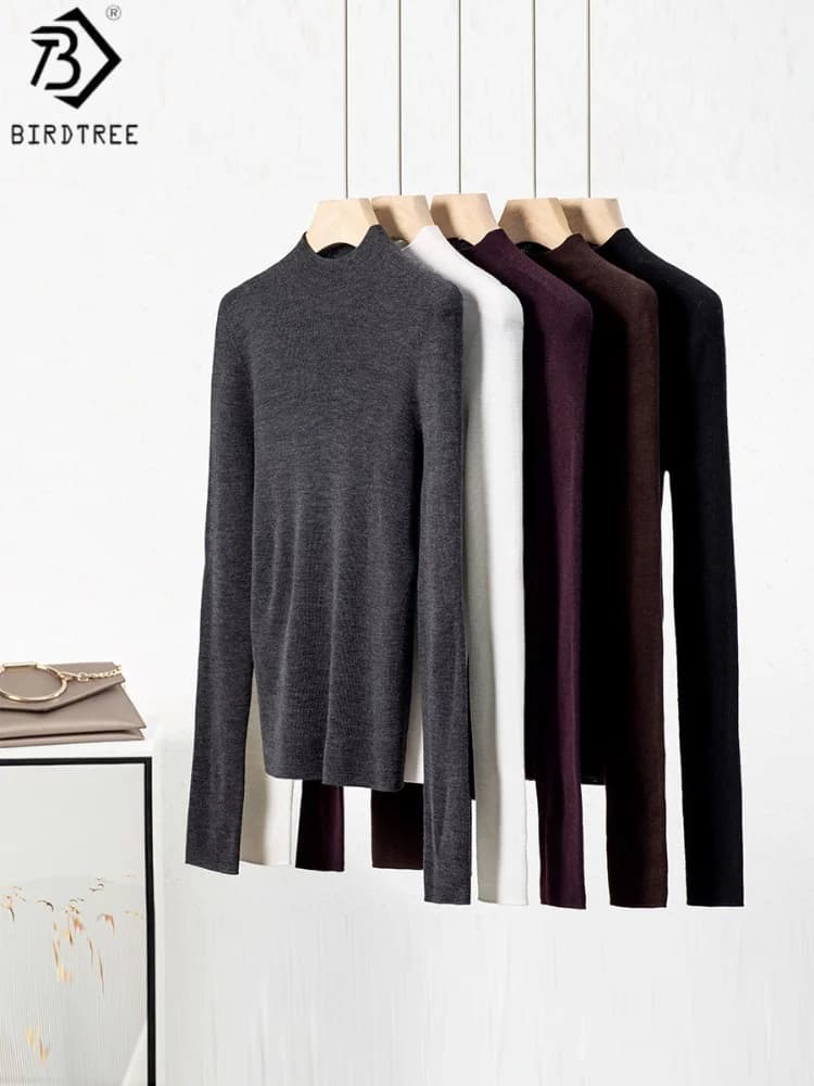 Birdtree 100% lana di pecora lavorata a maglia canottiera senza cuciture, donna 18 aghi manica intera collo finto autunno maglieria pullover T59453JF