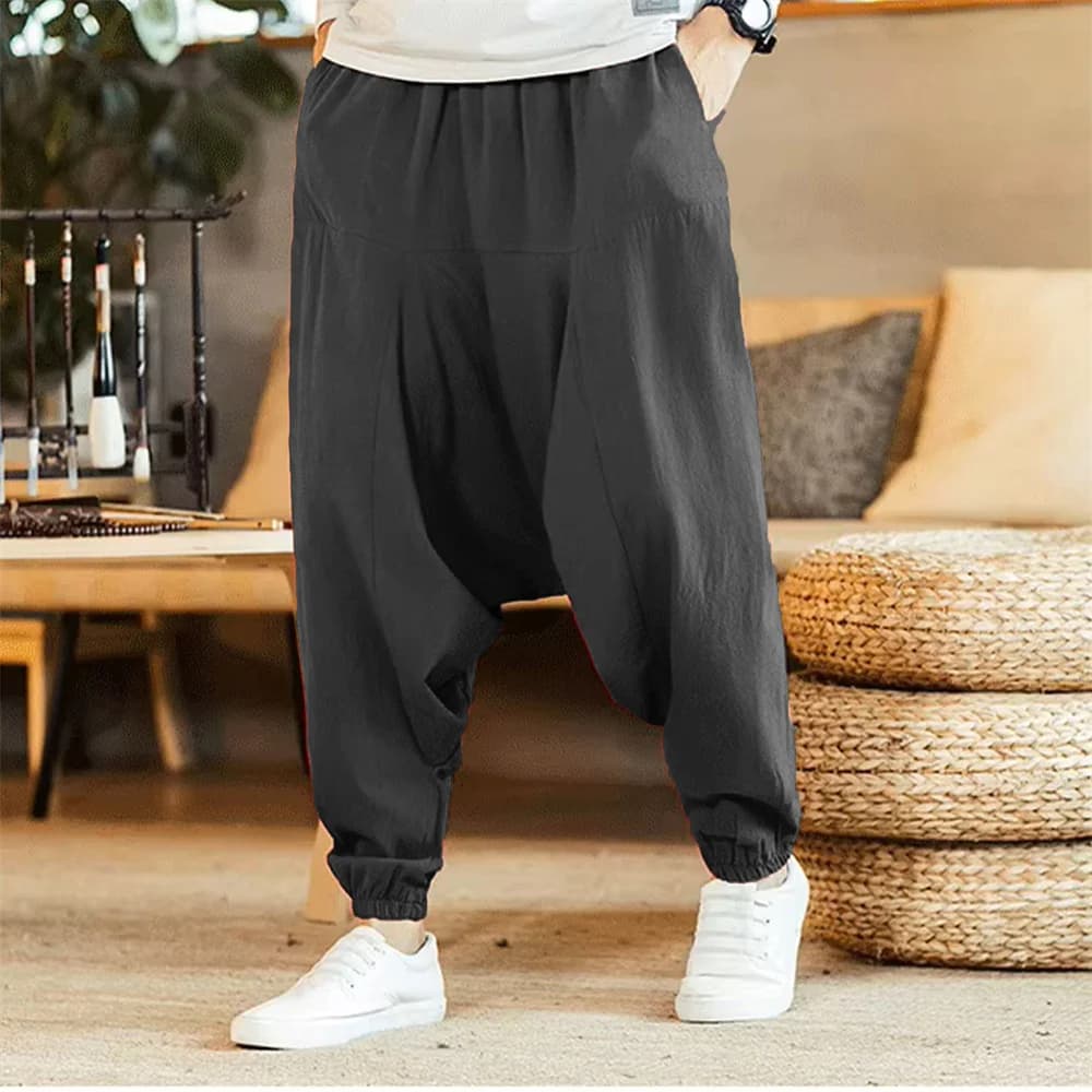 Men's trousers in cotton and linen Harem Baggy Pants Casual Oversize Large Pants Wide Leg Pants Yoga pants with low horse Hip Hop