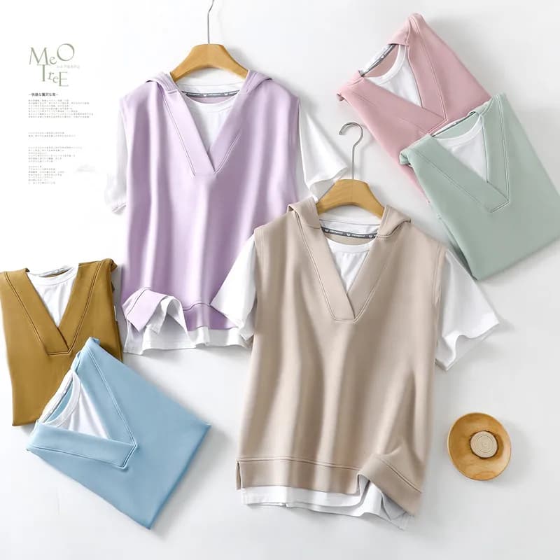 Korean Style Short Sleeve Hoodie Women's Spring Summer Loose Air Layered Half Sleeve T-Shirt with Hat Design Sense Top