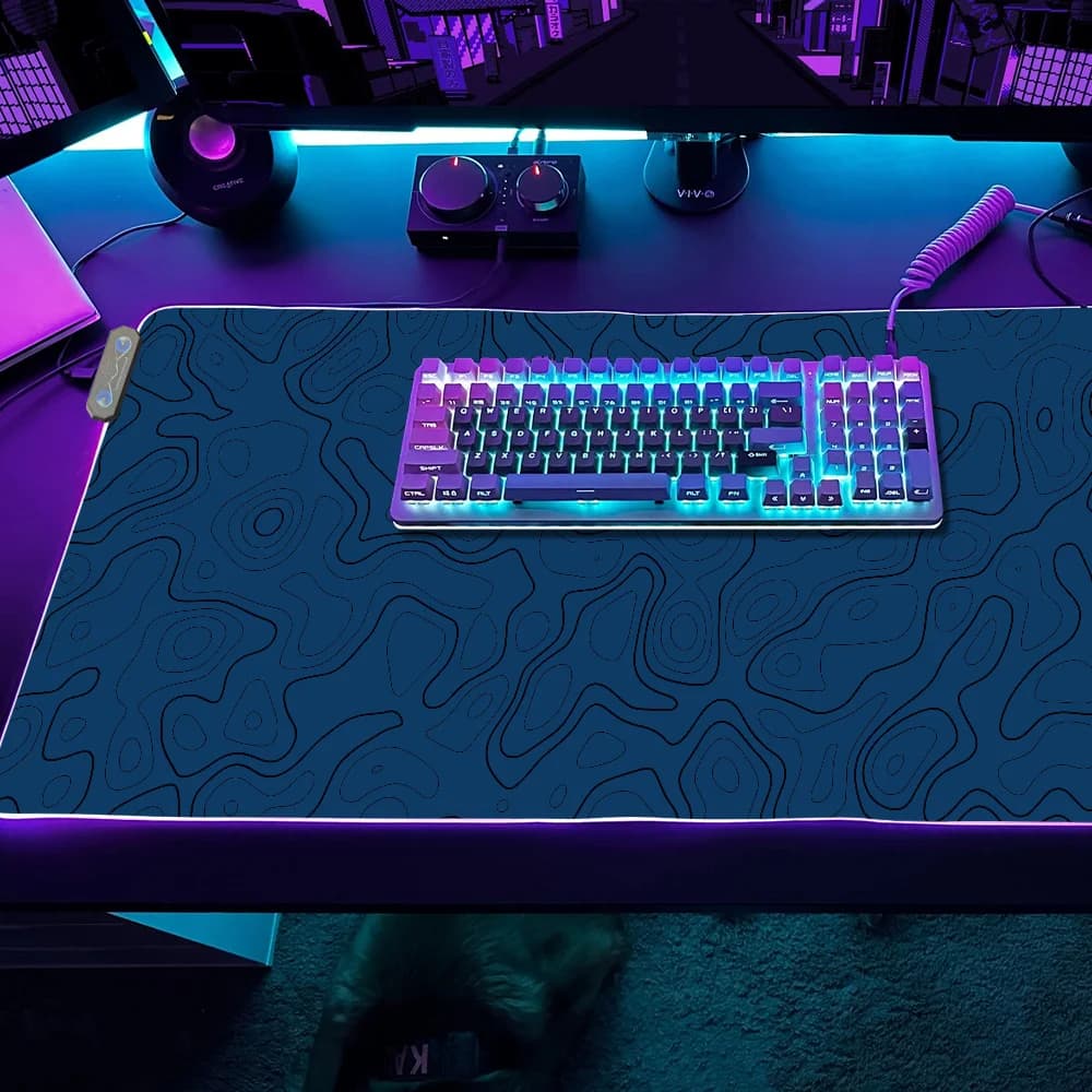 Tappetino per Mouse da Gaming con Mappa Topografica Curva Nera, Tappetino da Tavolo LED RGB, Tappetini da Scrivania con Retroilluminazione Micro USB in Gomma XXL