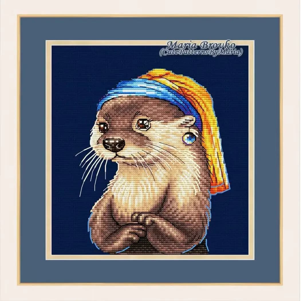 [CC4223-Otter with Pearl Earrings] DIY Stamped Cross Stitch Kit for Beginners, 11CT 14CT 16CT Printed Canvas Needlework Full Ki