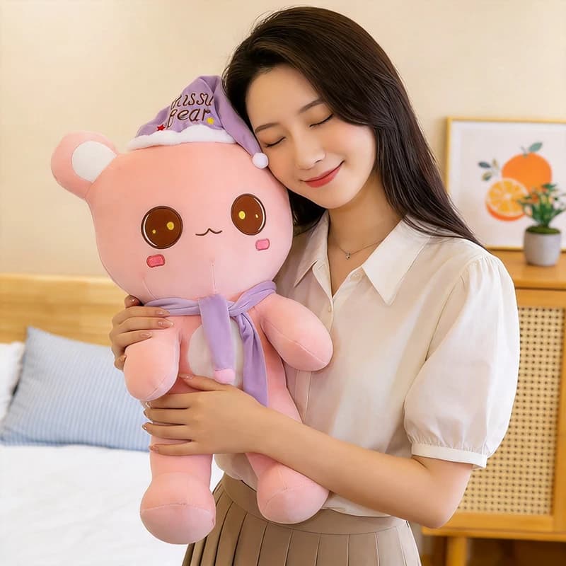 Cute Missu Bear Plush Toy Pink Sleep Hat Scarf Bear Stuffed Doll Soft Animal Pillow Kawaii Home Decor Birthday Gift for Girls