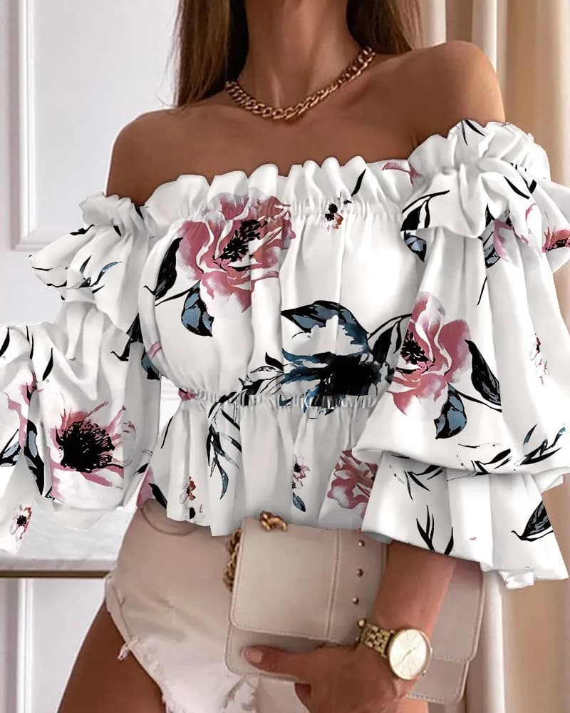 Women's Pullover Shirts Butterfly Sleeved Shirts Slash Neck Printed Blossoms Wide Elastic Waist 2025 Lightweight Summer Casual