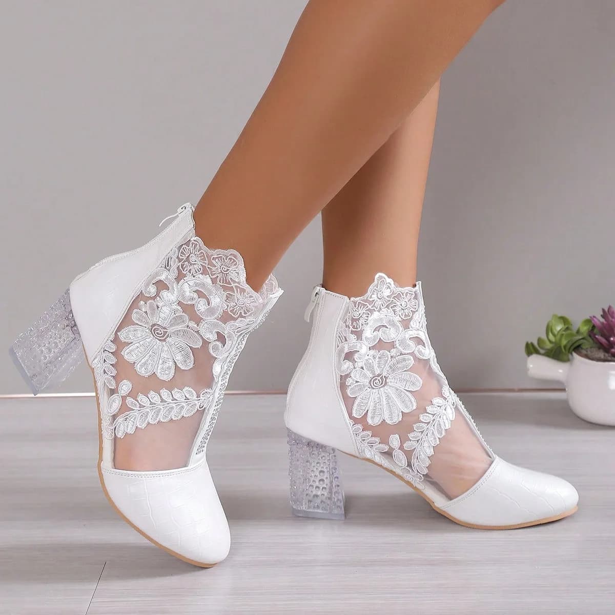 HKDQ Women's Ankle Boots Pointed Toe Mid Block Heel Floral Embroidery Mesh Detail Back Zipper Dressy Wedding Party Footwear