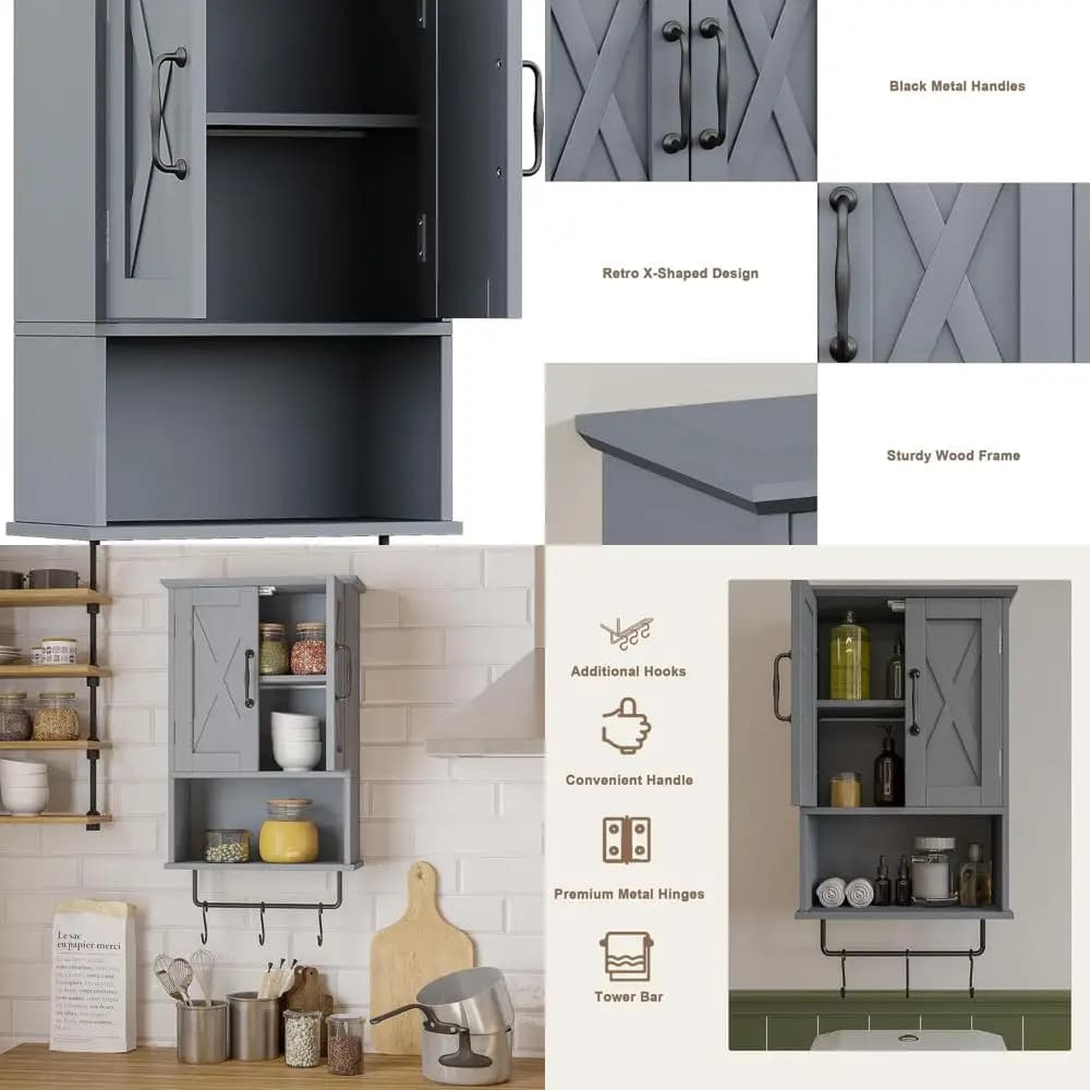 Armadietto da parete per bagno in stile fattoria con ripiano regolabile grigio con portasciugamani e 3 ganci, sopra lo stoccaggio del WC