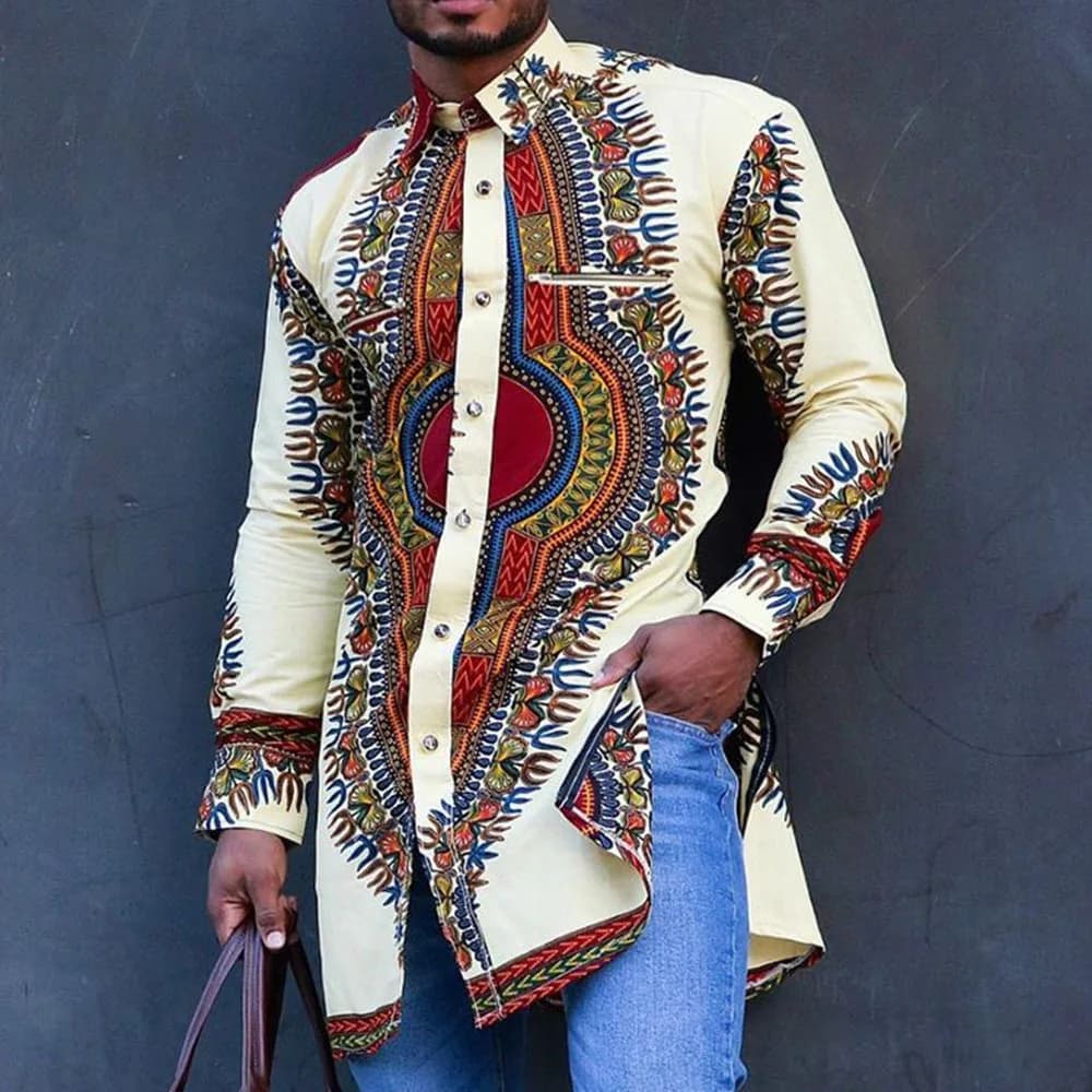 Men Single Breasted Shirts Cardigan Shirt Turn Down Collar Blouses Long Sleeve Shirt Print 2026 Summer Loose Casual Buttons
