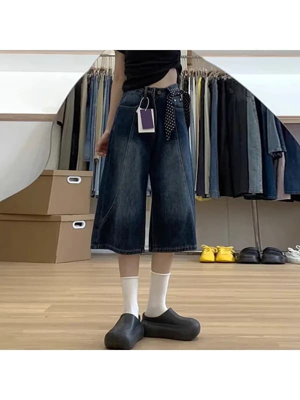 High Waist Straight Leg Slimming Short Jeans Women's Summer Thin Design Knot Pressed Pleat Wide Leg Pants plus Size