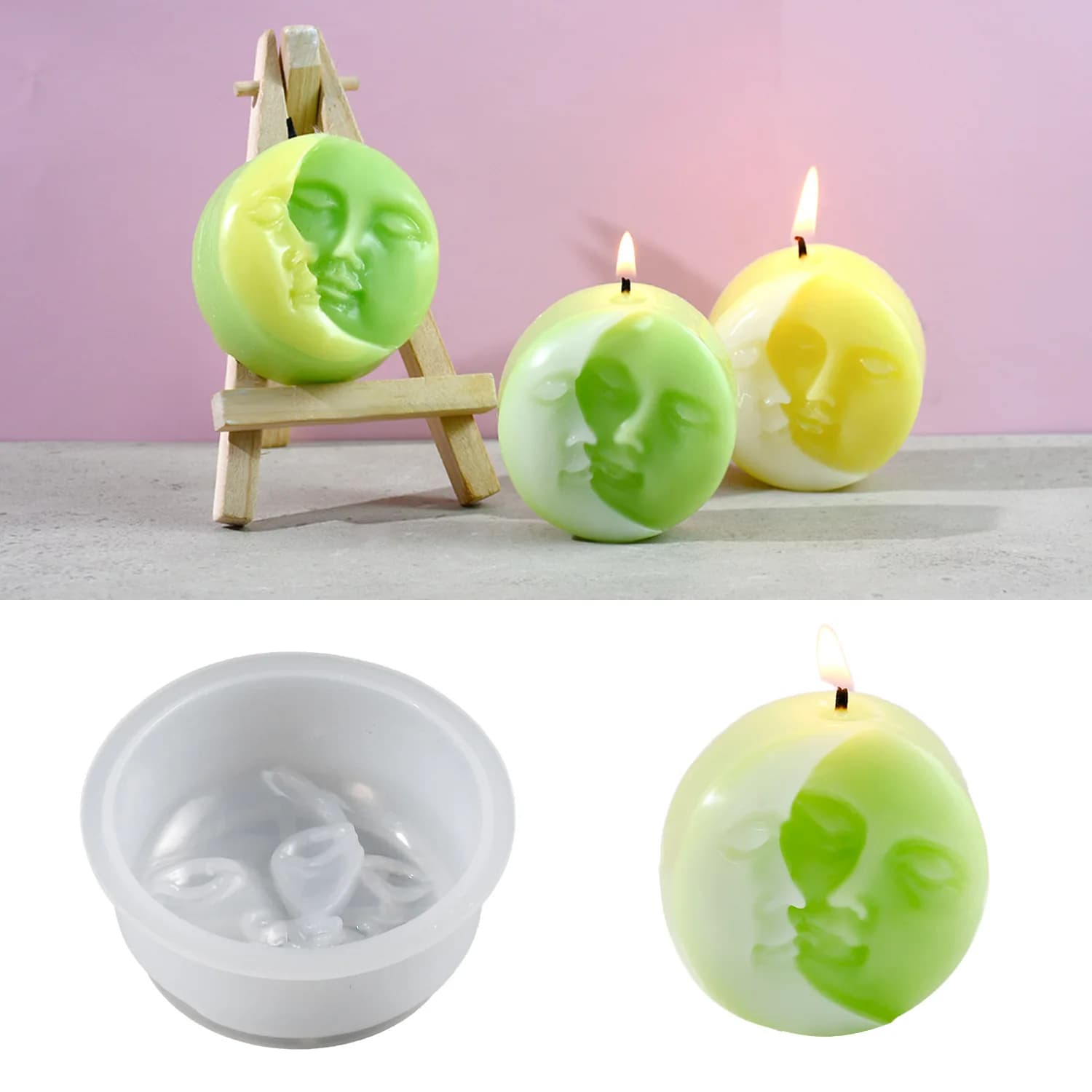 Splicing viso umano stampi per sapone fatti a mano circolare dormire sole luna candela stampo in Silicone vassoio per ghiaccio resina Art Decor regali di compleanno