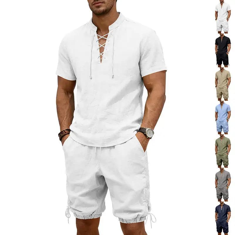 Summer Linen Loose Casual Men's Breathable Drawstring Collar Short Sleeve Shorts Set Comfortable Lightweight T-Shirt And Pants
