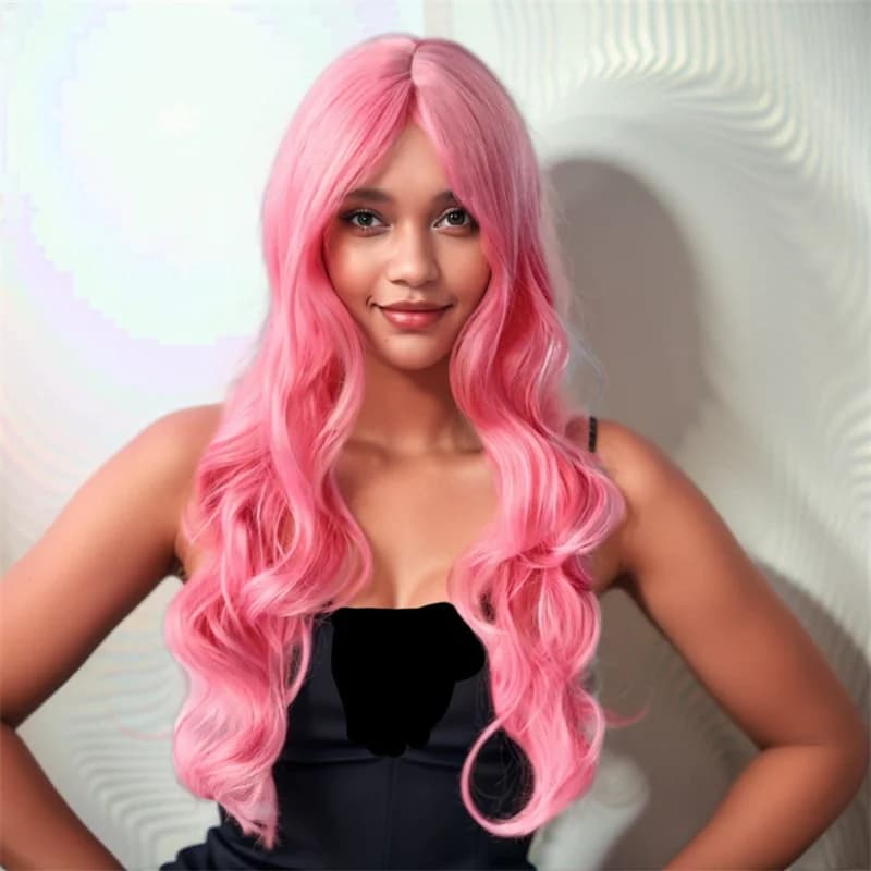 Estensioni dei capelli alla moda Parrucche sintetiche rosa per giovani donne Copricapo naturale traspirante 68 cm Cappello per parrucca da donna lungo grande ondulato