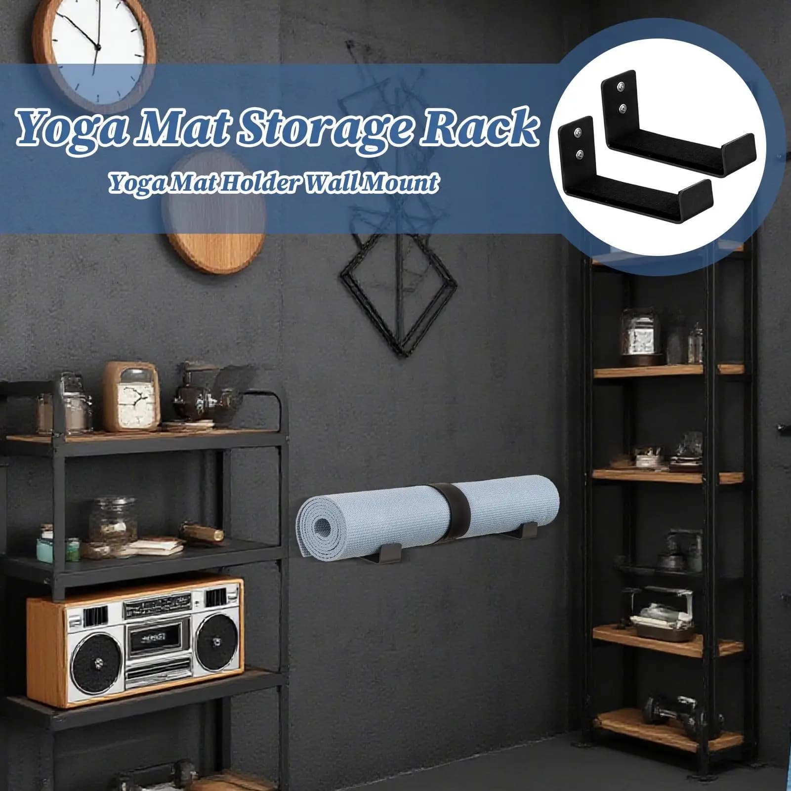 Yoga Mat Holders 2 pieces Wall Mount Hook with Yoga Foam Roller Aluminum Organizer for Resistance Bands Towel Strap Gym
