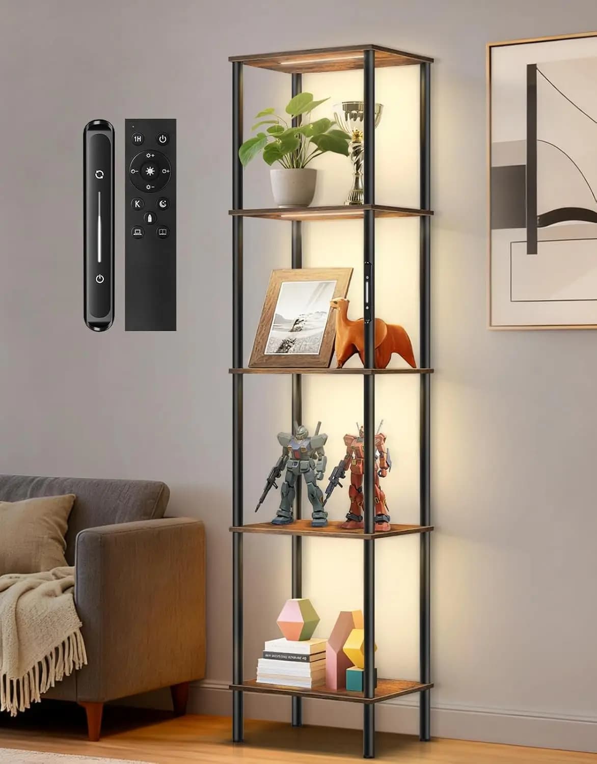 SGIAWETA-5 Scaffali Espositivi Alti a 5 Livelli con Luci LED, Controllo Touch e Telecomando, Vetrina Dimmerabile, Regalo di Compleanno