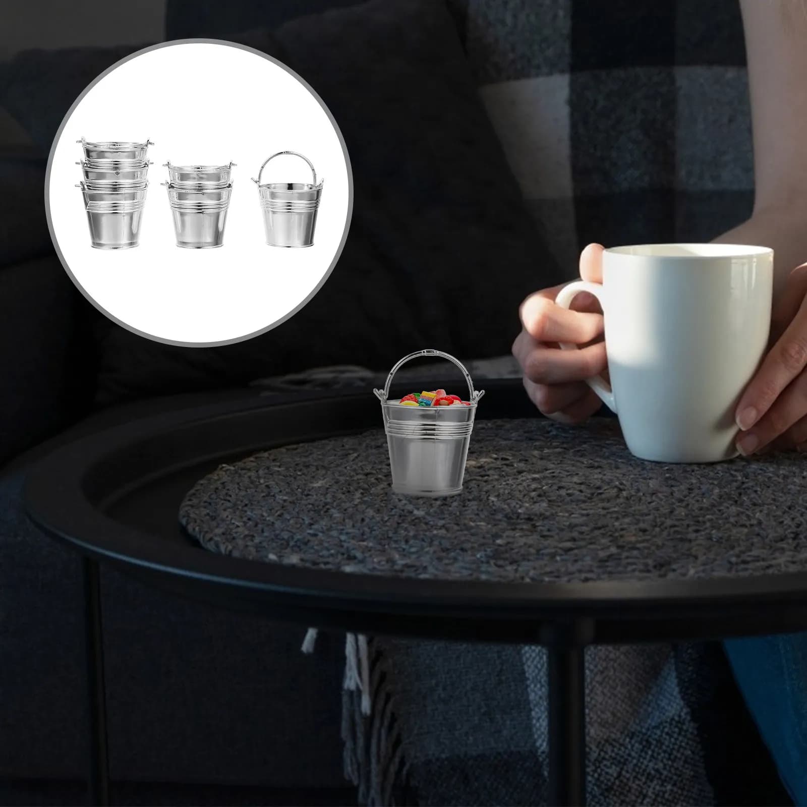 10Pcs Mini Food Container Portable Handle Snack Bucket for Candy Cookies French Fries Buffet Party Restaurant Bar Ktv Silver