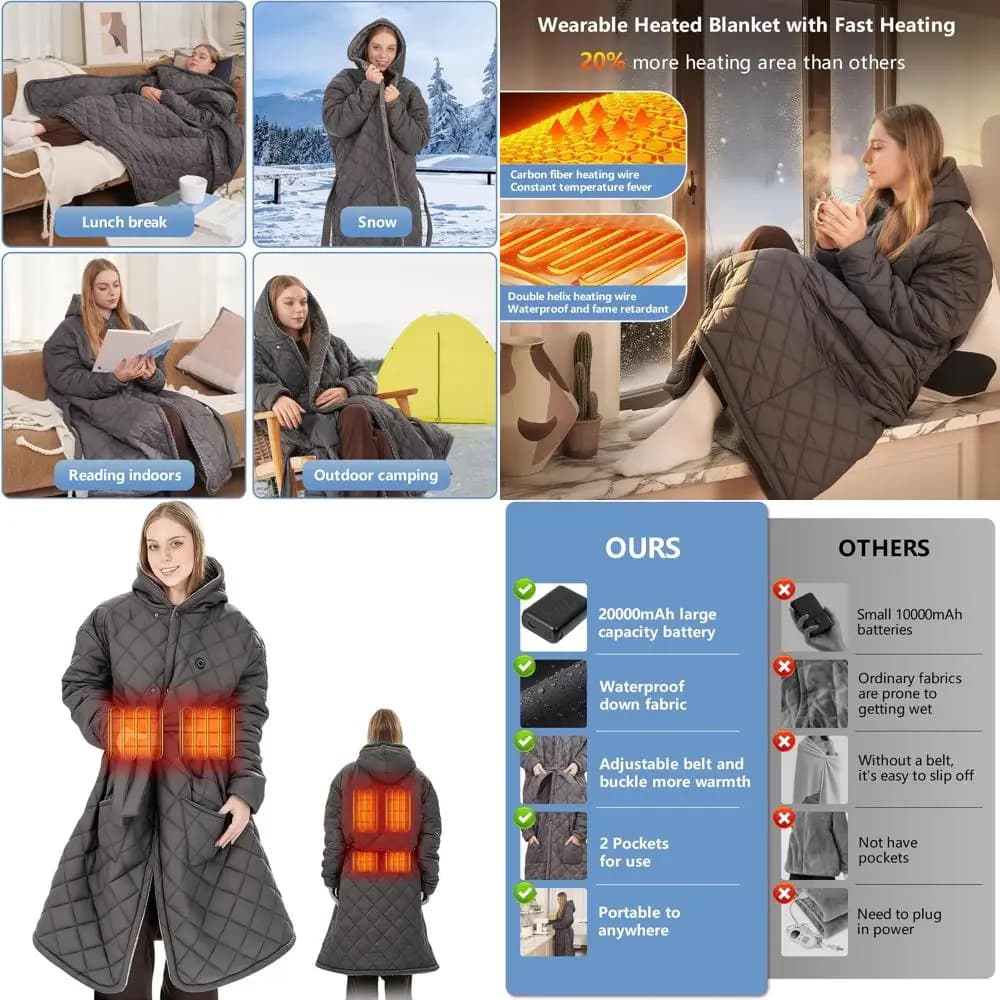 Coperta riscaldata senza fili senza fili, 20000 mAh, vestaglia elettrica con cappuccio da donna, 45x32 per uso esterno