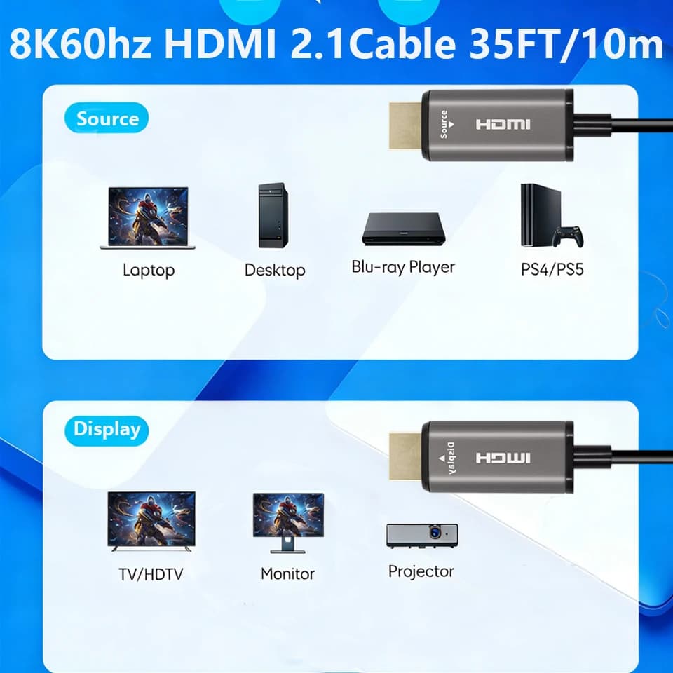HDMI 10M 8K 60Hz compatible fiber optic cable 4K 120Hz HDR 48Gbp, professional compatible HDMI cable for PS5 TV