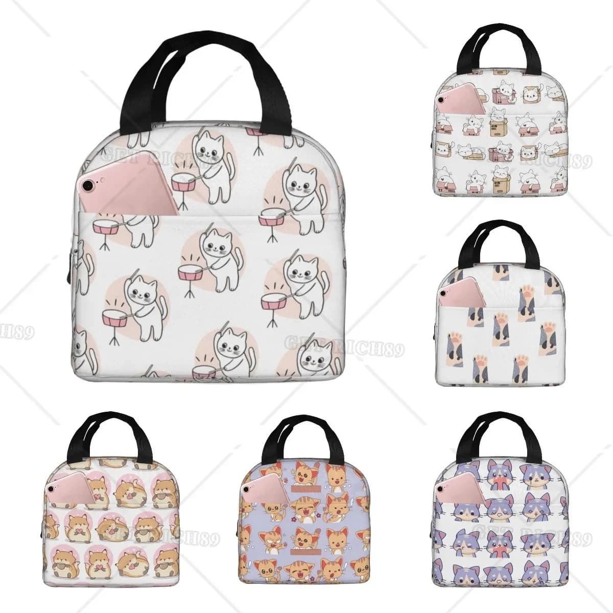 Borsa per il pranzo isolata con stampa animalier Drumming Cat: elegante e pratica, portapranzo portatile riutilizzabile per ufficio, picnic, all'aperto